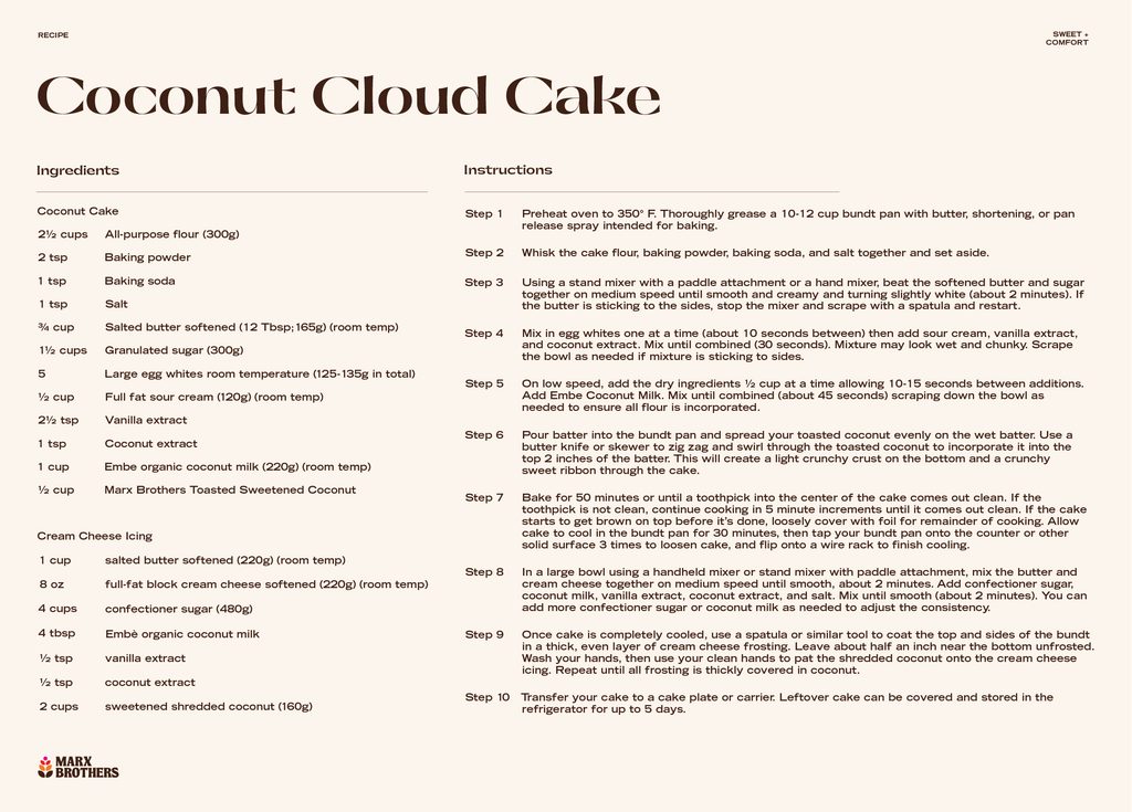 Coconut Cloud Cake recipe card from Marx Brothers